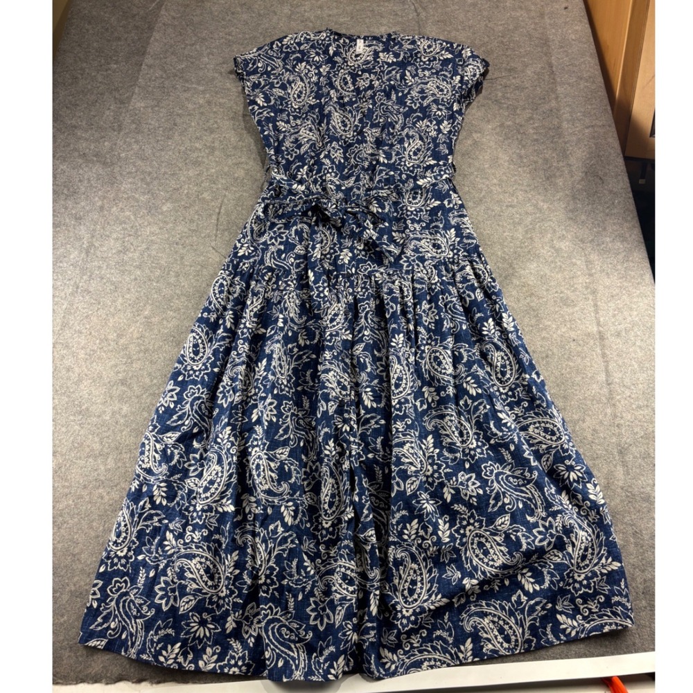 Mango MNG Blue White Paisley Cotton Midi Dress Tie Waist Womens 8 Boho Western